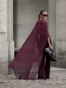 Cape For Women Sheer Mesh Shawl Wraps Asymmetrical Flowy Capelets For Evening Dress Crop Cover Up Poncho - Màu Đỏ Sâu - Xem 2
