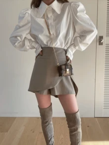 女士优雅纯色蕾丝拼接前扣衬衫 - 白色 - 查看 4
