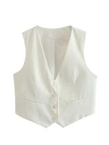 Áo vest nữ màu trắng cổ chữ V không tay, kiểu dáng ôm sát, cài cúc phía trước, phong cách đường phố thanh lịch, thường ngày. - trắng - Xem 5