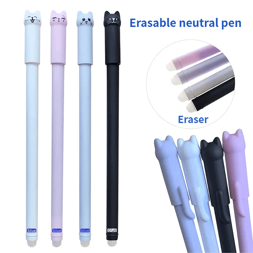 4pcs Cat Erasable Gel Pens, 0.5mm Magic Ink, Blue & Black Pen Set With Eraser, Creative Student Stationery - Sets - View 1