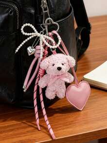 1pc Cute Girly Little White Bear Silvery Bead Bow Bag Charm, Super Pretty Heart Keychain Pendant, Cute Stuff Teddy Bear Keychain, Cute Gift Idea, Bag Decoration, Kawaii Charm, Feminine Design, Beaded Pendant, Stylish Keyring, Heartshaped Pendant, Decorative Keyring, Women, Gift Shoppers (The Number Of Knots In The Rope Weaving Is Random)
