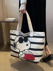 Versatile Casual Tote Bag, White Base With Black Stripes, Cute Cartoon Print, Canvas Material, Large Capacity, Portable Design, Suitable For Daily Use, Leisure, Shopping, Commuting, Cartoon Enthusiasts, Young Women, Students, Office Workers, Also A Thoughtful Gift For Friends/Loved Ones - Black - View 7