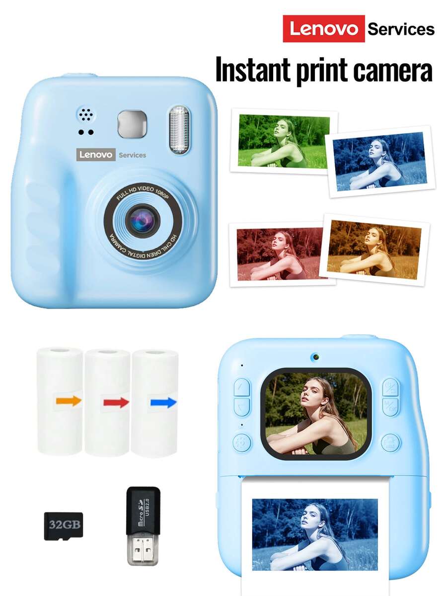 Lenovo 联想DY34拍立得相机，内置MP3播放器，支持8倍光学变焦和1080P高清视频拍摄，配备1300mAh电池和32GB SD卡，可拍摄多种特效的高清照片，是节日、新年、生日等场合的创意礼物之选。