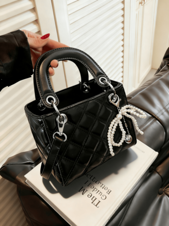 ファッショナブルな女性用ハンドバッグ、無地ミニマリストPUレザー スクエアバッグ、エレガントでシック、デート、ショッピングに最適、多用途、リボンとパールチャームが付属、素敵なバレンタインデーのギフト