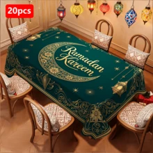 1/20pcs Ramadan Tablecloth, Green Background With Lantern, Moon And Floral Pattern, Elegant And Luxurious Ramadan Blessing Print, Suitable For Home, Kitchen, Dining Room, Party, Holiday And Gift, Durable And Easy Care, Indoor And Outdoor Use, Ideal Home Decor, Arabic Style Festival Decoration