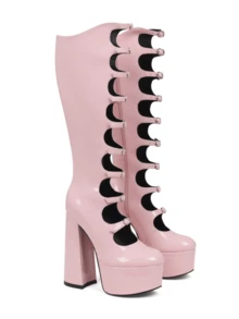 Women's Knee High Boots Patent Leather Platform Round Toe Chunky Block Heeled Boots Lolita Y2K Gothic Buckle Waterproof Platform Cool Boots With Side Zipper For Halloween Christmas - 粉色 - 查看 8