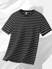 男士2026新款奢华黑白条纹透气纯棉户外圆领T恤 - 黑色 - 查看 2