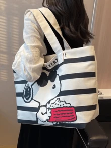 Versatile Casual Tote Bag, White Base With Black Stripes, Cute Cartoon Print, Canvas Material, Large Capacity, Portable Design, Suitable For Daily Use, Leisure, Shopping, Commuting, Cartoon Enthusiasts, Young Women, Students, Office Workers, Also A Thoughtful Gift For Friends/Loved Ones - Black - View 6