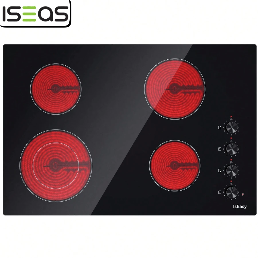 IsEasy Electric Cooktop 30 Inch Ceramic Stove 4 Burners Built-In Stove Top Electric Hot Plate Satin Glass Cooktop In Black, Control By Knob/Timer/Child Safety Lock/9 Power Levelsr/220-240V 6700W