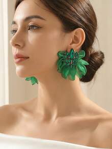 1 Pair Fashionable Exaggerated Colorful Fabric Flower Stud Earrings, Luxury Rhinestone-Like Jewelry For Women, Suitable For Party And Gala - Green - View 1