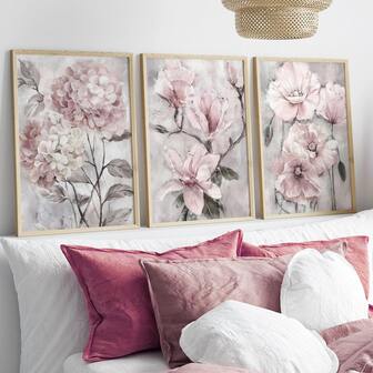 3幅/套 无框抽象粉色花卉帆布海报，牡丹花墙画，腮红花卉墙饰，防水帆布墙画，艺术墙画礼品，适用于客厅、卧室、餐厅、走廊、家居和宿舍装饰
