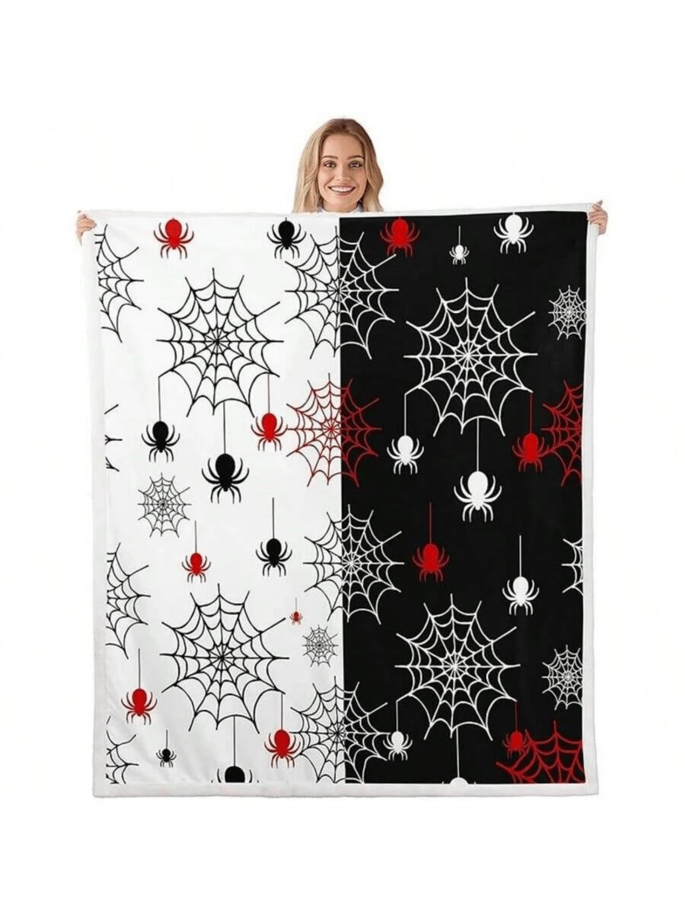 Spiderwebs And Spiders Hanging From Above In Black, Red, And White Hues Adorn This Unique HalloweenThemed Sofa Blanket; Coral Fleece Plush Throw Blankets For Bed Bedroom Warm Bedroom Quilt - 白色 - 查看 1