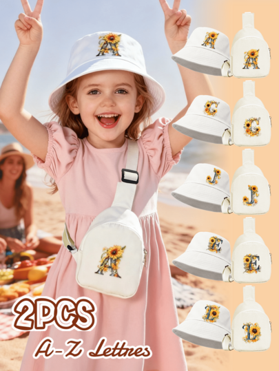 2件套儿童彩色向日葵字母图案遮阳帽，26个字母可定制，复古艺术清新多功能轻便防晒渔夫帽，小巧便携，适合5-10岁男孩女孩日常、上学、户外活动佩戴，生日和节日送礼佳品。
