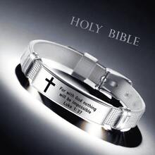 Adjustable Stainless Steel Bible Bracelet, Cross Saying Scripture "For With God Nothing" Quote Cuff Bracelet Jewelry, Motivational Daily Wear Jewelry Bracelet, Holiday Gift - Because In the Presence Of God, - View 6