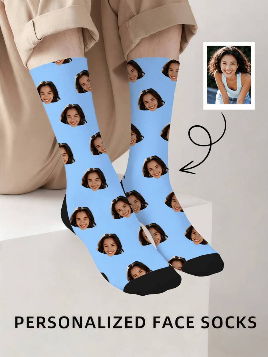 1 Pair Men's Customizable Photo Pattern, Light Blue With Black Toe & Heel Soft Knit Fabric Comfortable & Fun Personalized Socks For Daily Wear & Gift Occasions - Baby Blue - View 1