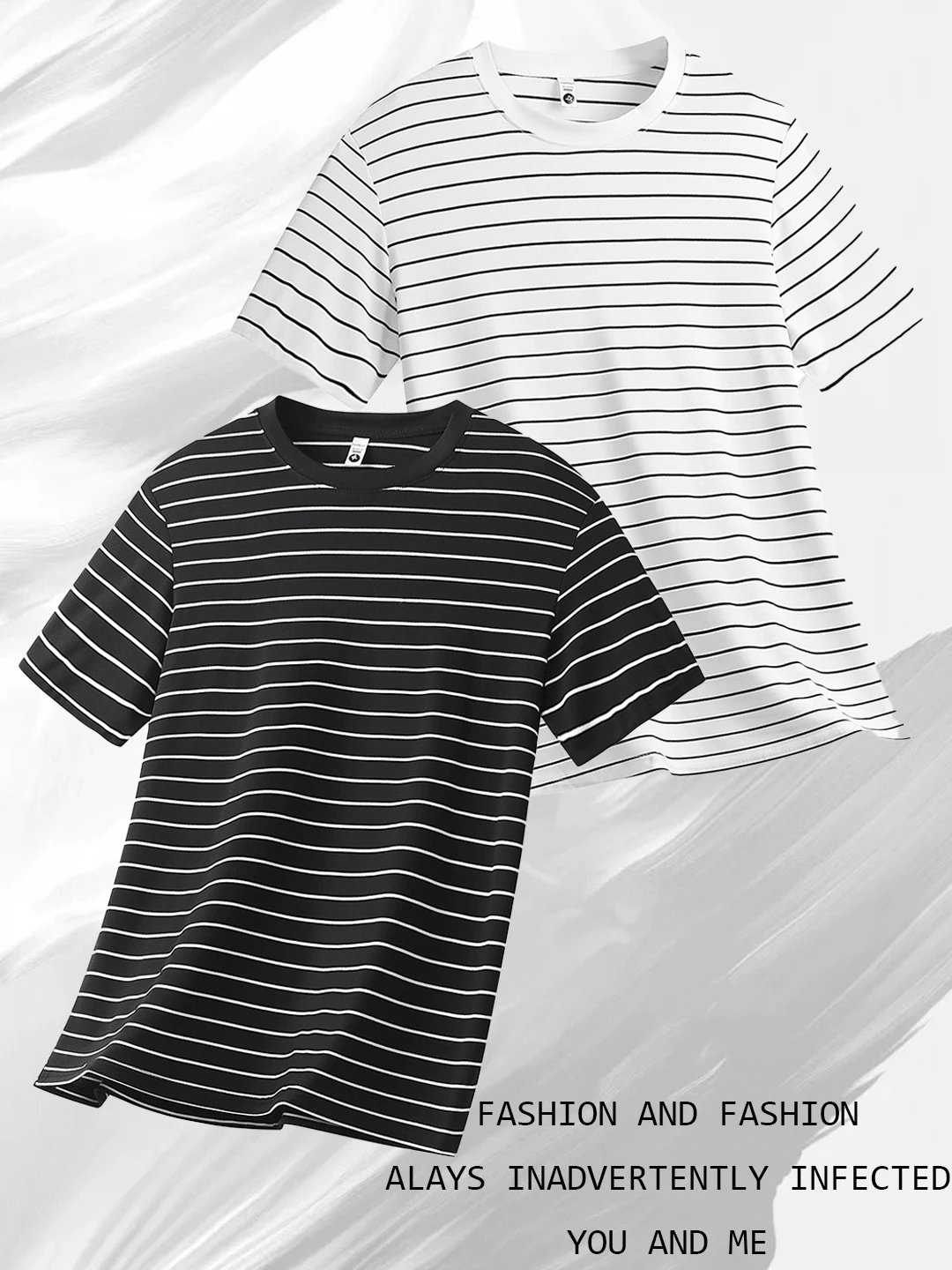 男士2026新款奢华黑白条纹透气纯棉户外圆领T恤 - 黑色 - 查看 1