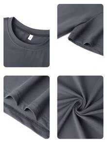 Camiseta de mujer de manga corta con cuello redondo y estampado de eslogan, para uso casual de vacaciones. Camisetas gráficas para mujer en blanco, negro y rosa, para looks de vacaciones - Gris Oscuro - Ver 3