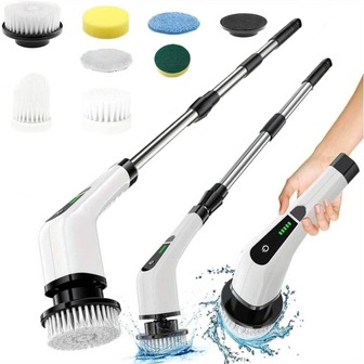 Electric Rotating Cleaning Brush, Cordless Electric Cleaning Brush And Nine Interchangeable Brush Heads, Dual Speed, Handheld Cordless Electric Shower Cleaner, Adjustable Long Handle Electric Cordless Cleaning Brush, Suitable For Walls, Floors, Tiles, Bathtubs, Kitchens, Bathrooms, USB Charging, Cleaning Supplies