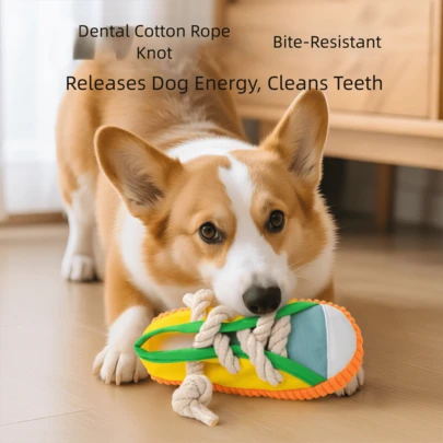 吱吱作响的拖鞋式狗狗玩具，可自行玩耍的绳结咀嚼玩具，耐用的磨牙玩具，适合小型/中型犬