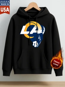 Men's 300g Cotton Hooded Sweatshirt With Fleece Lining Cozy Warm Casual Wear For Fall Winter - Los Angeles Rams Logo Print Sporty Team Design For Football Fans - Perfect For Everyday Wear Outdoor Activities And Sports Events Comfortable Breathable And Suitable For Both Men And Women - màu đen - Xem 1