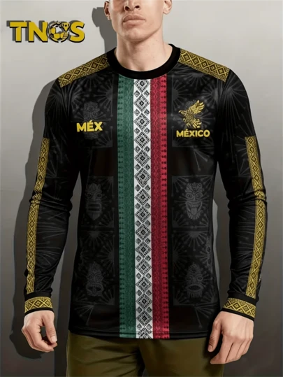Mexico Men's Football Long Sleeve Sweatshirt Youth Crew Neck Comfortable Long Sleeve Athletic Top With & Mayan Civilization Prints Suitable For Football Team Matches, Training, Daily Fitness, Outdoor Sports And Casual Gifts Football Party