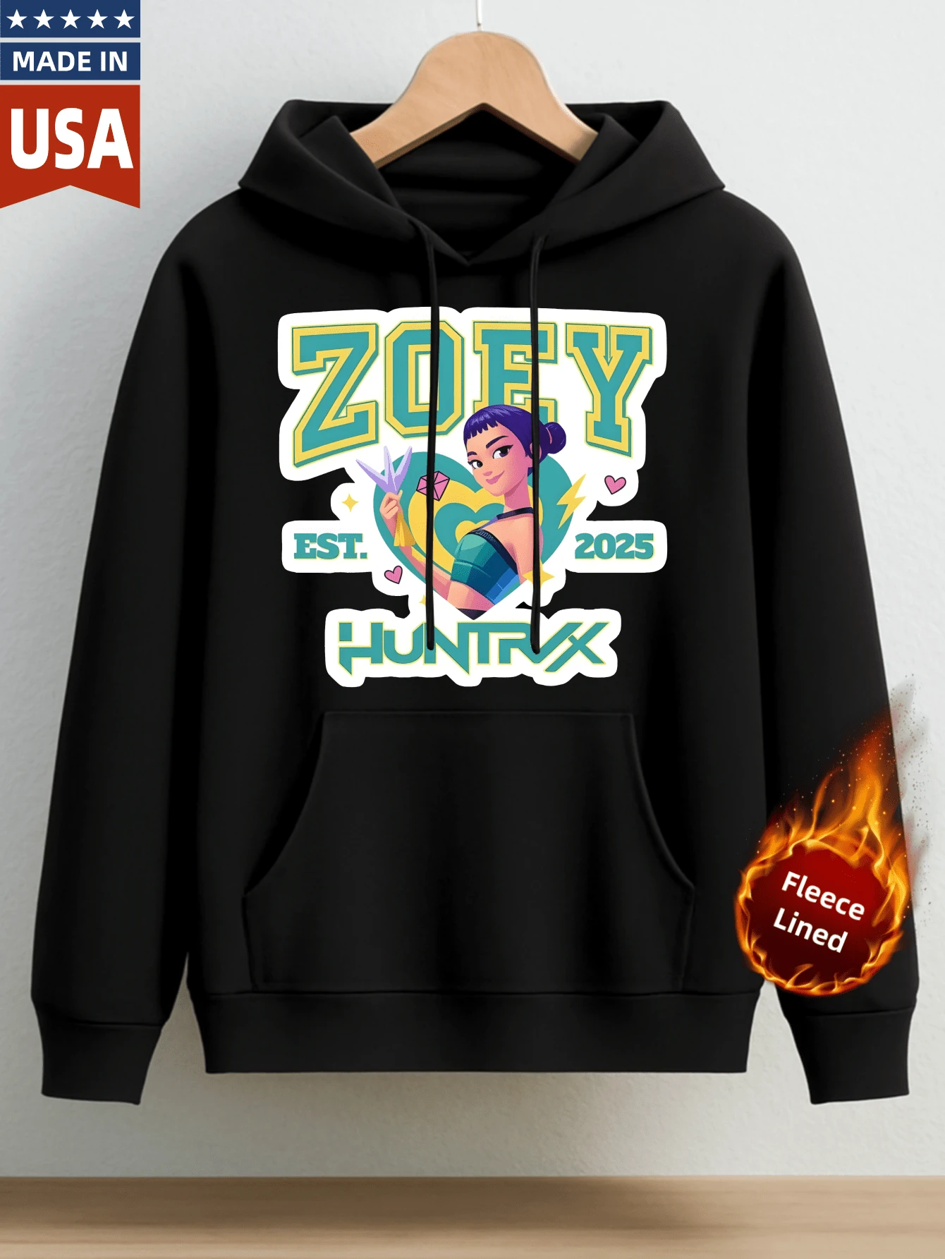 Men Cotton Hoodie 300G Fleece Lined Casual Sweatshirt For Autumn Winter - Zoey Huntx Graphic Print With Cartoon Character And Heart Design Established 2025 - Cozy Warm Comfortable Wear For Everyday Use Outdoor Activities Sports And Leisure Suitable For Men And Women In Fall And Winter Seasons - 黑色 - 查看 1