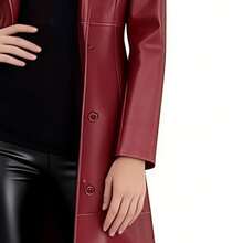 Icebanner Womens Faux  Leather Long Trench Coat Notched Lapel Single Breasted Casual Car Biker Motorcycle Style Jacket Long Coat Women - Đỏ - Xem 4