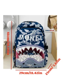 New Durable Lightweight Portable Classic Casual Fashionable Comfortable Spacious Shark Pattern Backpack, Suitable For Various Occasions (Without Pendant) - Blue - View 8