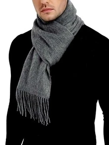 1pc Fashionable & Elegant Solid Color Wool Warm Pashmina Scarf, Unisex Casual Fringed Cold-Proof Shawl, Suitable For Daily Wear, Autumn/Winter - Dark Grey - View 2