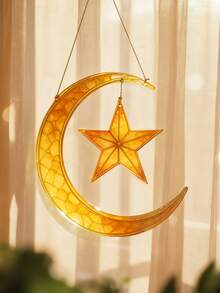 1pc Gold Acrylic Printed Lantern Decor Hanging Ornament, Moon & Star Hanging Decor, Acrylic Crescent Moon & Star Decor, Holiday Decoration, Islamic Style Home Decor, Boho Style Wall Hanging, Suitable For Living Room, Bedroom, Office, Gift (Please Remove The Protective Film Before Use, Material Is Acrylic, Not Glass) - Multicolor - View 3