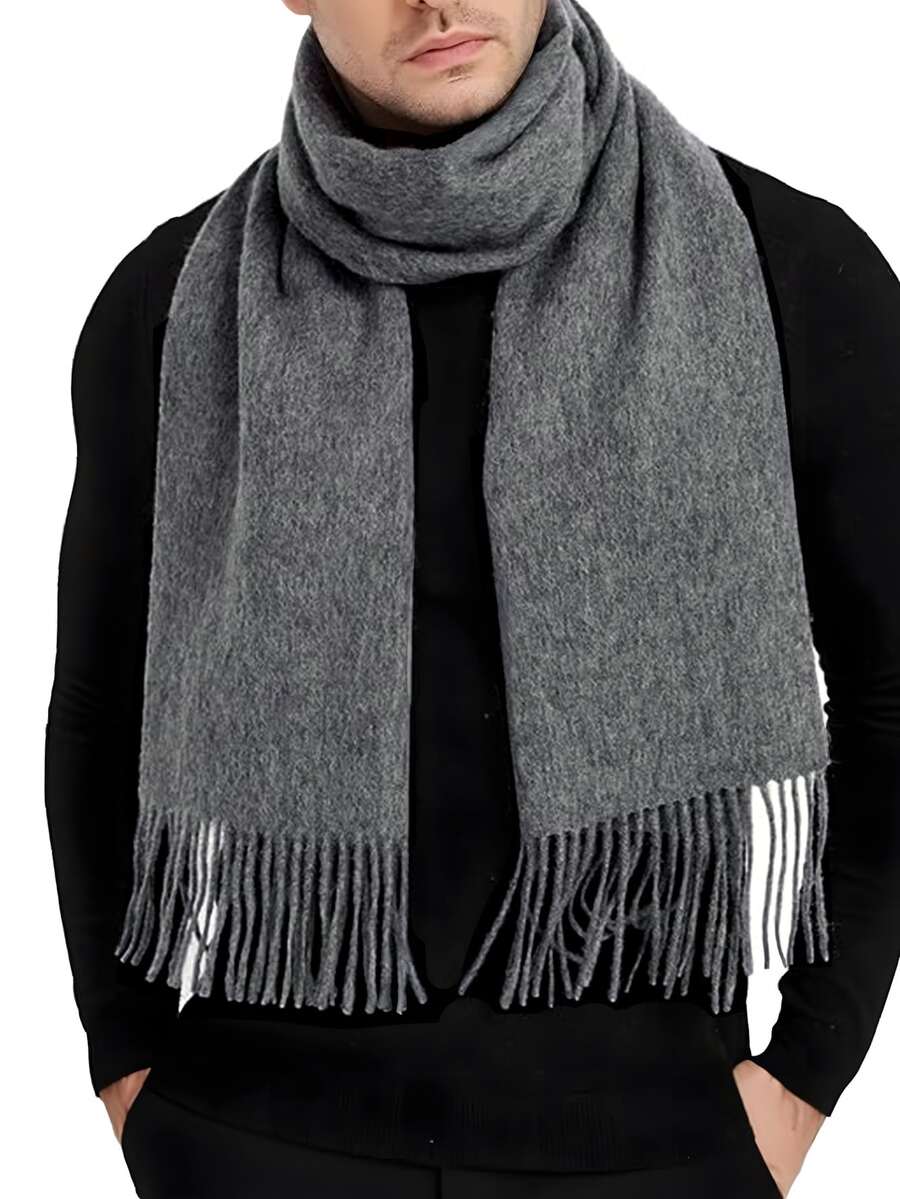 1pc Fashionable & Elegant Solid Color Wool Warm Pashmina Scarf, Unisex Casual Fringed Cold-Proof Shawl, Suitable For Daily Wear, Autumn/Winter - Dark Grey - View 1