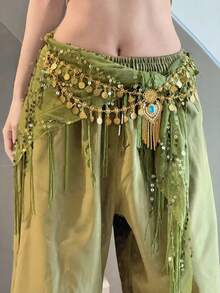 Conjunto de bufanda de cadera y cadena de cintura con lentejuelas para danza del vientre: Bufanda de cadera con flecos de color verde del ejército con cadena de cintura decorada con monedas doradas; accesorio para actuaciones de danza (disponible en varios colores) - Multicolor - Ver 4