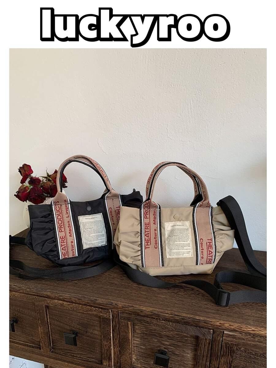 Women's Handbag With Chinese Embroidery And Jacquard, Lightweight Small Top Handle Bag, Phone Pouch, Fashion Patchwork With Ruffle Trim, Adjustable Shoulder Strap, Versatile For Shopping, Casual, Commuting, Holiday Party, Gift