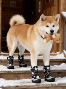 4pcs Dog Paw Protector Boots, Dog Snow Boots For Small Dogs, Chicken & Dog Print Pattern, Anti-Slip Dog Shoes, Pet Anti-Fall Shoes, Winter Warm Anti-Slip Sports Shoes, Hard Wood Floor Outdoor Walking Soles - Multicolor - View 4