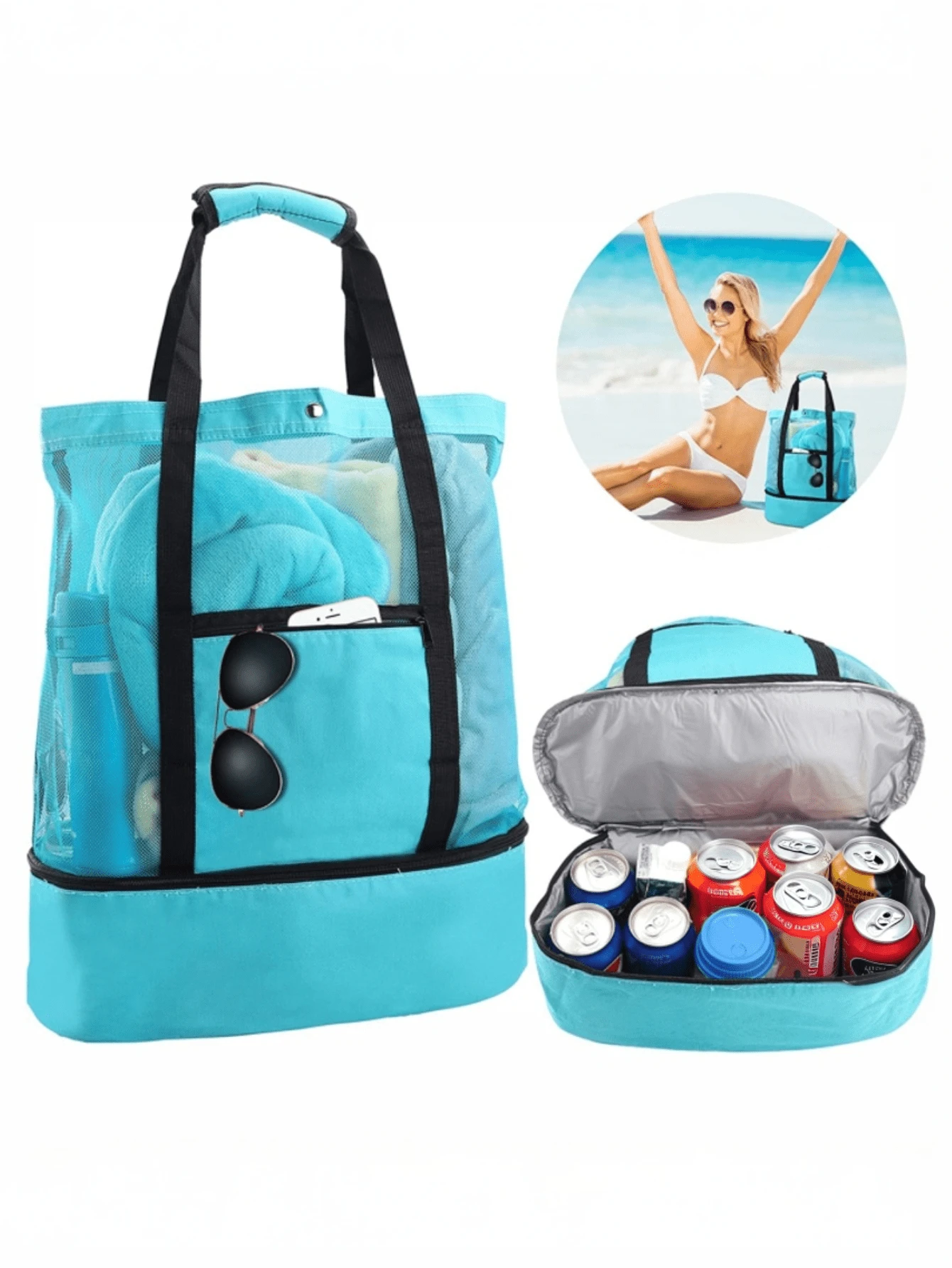 Large Waterproof Insulated Tote Bag, Beach Bag, Travel Bag (Zipper Direction Random) - Green - View 1