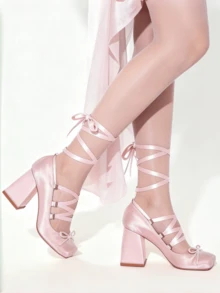 Ballet Mary Janes High Heels For Women Square Toe Satin Lace Up Ballerina Stiletto Heels With Bow Elegant Wedding Party Pump Heels For Women  - a粉紅色 - 查看 8