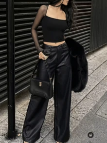 [Mesh Splice Cropped Boxy Top] Fitted Long Sleeve U-Neck Cropped Elastic Knit Solid Black Camisole - Sexy & Chic Style Suitable For Bar, Dates, Street Fashion, Spring/Autumn Daily Wear - Black - View 4