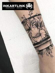 INKARTLINK 革命性纹身技术，半永久纹身，花卉图案，逼真纹身，情感纹身，临时纹身，仿真纹身，防水，外观逼真，小众设计纹身，果汁纹身，植物纹身，臂环纹身 - 黑色 - 查看 4