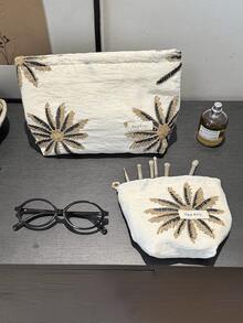 1 pieza/Set Bolsa de maquillaje con estampado de palmeras, bolsa plegable tipo almohada, organizador de cosméticos de gran capacidad para viajes, adecuado para vacaciones, almacenamiento de herramientas de maquillaje de moda, monedero, portálápices, adecuado para viajes, dormitorio, cuidado de la piel, cosméticos, brochas de maquillaje, regalos para novias, Día de la Madre, regalos de cumpleaños, regalos para amigos, maestros - Blanco - Ver 15