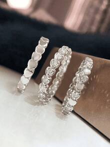 Juego de 3 anillos de arreglo de amor delicado y simple de plata de ley 925 como regalo de joyería fina para damas, regalo de cumpleaños, regalo de fiesta, uso diario - Anillos en forma de corazón - Ver 3