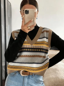 女士棕色费尔岛V领无袖针织毛衣背心，休闲秋冬叠穿上衣 - 淡黃色 - 查看 5