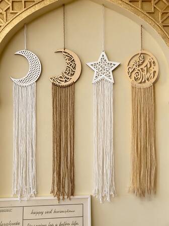 1pc Woven Wall Hanging, Crochet Crescent Moon Star Dream Catcher With Long Tassel- White Handmade Bohemian Home Decor Decoration Art Craft For Wall Hanging With Tassels For Home Decor Ornaments
