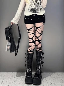 1双破洞袜，不规则黑色丝袜，七分裤，女士薄款及春夏连裤袜，性感渔网袜，打底裤和网眼袜，JK/Y2K辣妹套装 - 黑色 - 查看 7