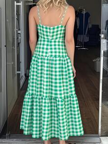 Đầm hai dây kẻ caro dễ thương, giản dị, thanh lịch, thắt nút phía trước, cài nút phía sau, thích hợp cho buổi hẹn hò. - Màu ngọc lam - Xem 2
