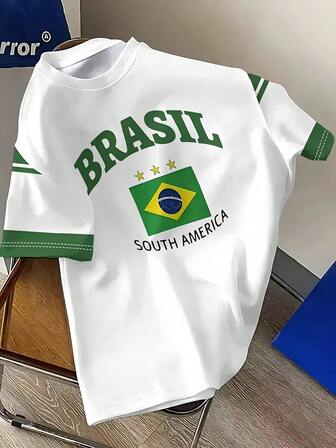 Camiseta gráfica de manga corta con diseño de la bandera de Brasil en 3D, casual y deportiva para el verano, con diseño de cuello redondo cómodo