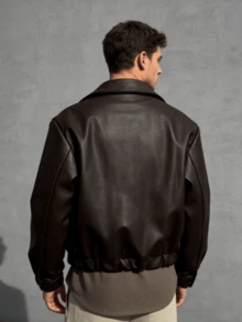 Men's Fitted PU Jacket For Outdoor & Daily Wear - Black, Fall/Winter Leather-Look Coat, Collared Zip-Up Design, Versatile For Home, Casual, Sports, Suitable For Teens To Adults | Men's Winter Jacket | Men's Leather-Look Outerwear | All-Age Casual Outdoor Jacket - 棕色 - 查看 2