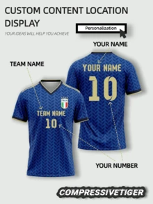1pc Customized Italian Style Blue Soccer Jersey: Can Print Your Team Logo, Player Name And Unique Details To Create A Personalized Style. Suitable For Casual/Daily Wear, As Well As Soccer, Basketball And Volleyball Matches. Made Of Durable Material. - Blue - View 1