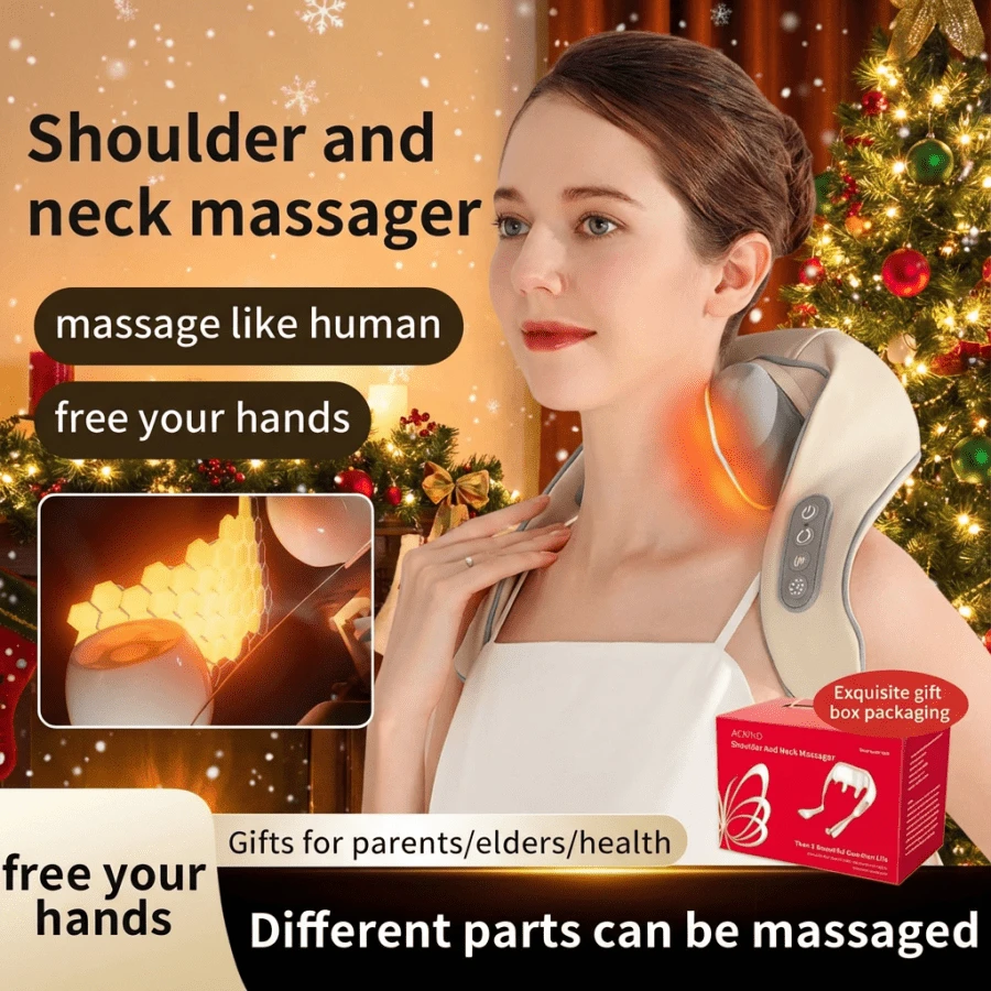 SOKANY 情人节礼物：肩颈按摩器，带加热功能，电动穴位按摩颈部按摩器，送给父母/长辈/保健/女性/男性，深度揉捏按摩，如同真人按摩，解放双手 - 米色 - 查看 1