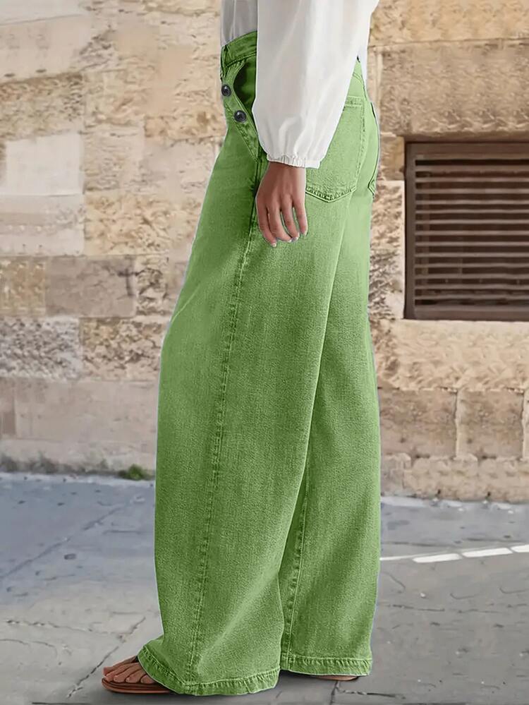 Nuevos jeans casuales de pierna ancha y de varios botones para mujer - Denim de alta calidad, de moda y cómodos para la primavera - Verde de frijol - Añade 2