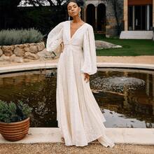 Elegant European And American Style Women's Dress, Long Sleeves, Oversized Skirt, Jacquard Pleated Lantern Sleeves, Formal Dress. - 白色 - 查看 6